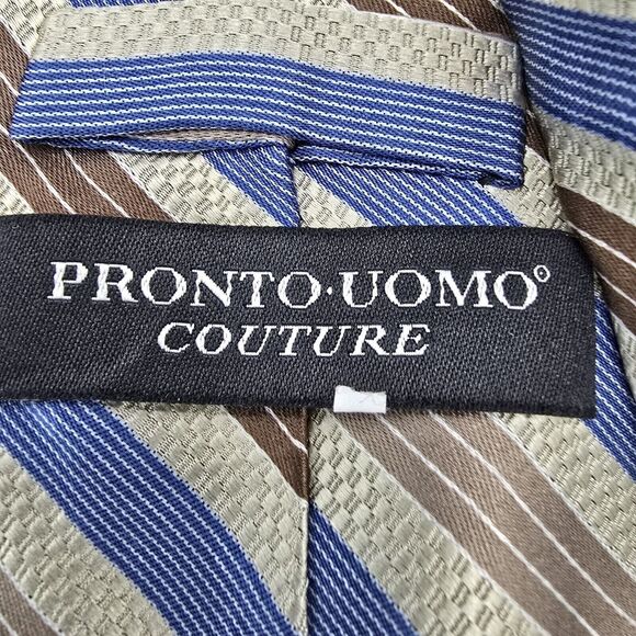 Mens Necktie Pronto Uomo Formal 57"Lx3.5"W Tan, Blue, Striped Silk Vintage - Picture 5 of 6